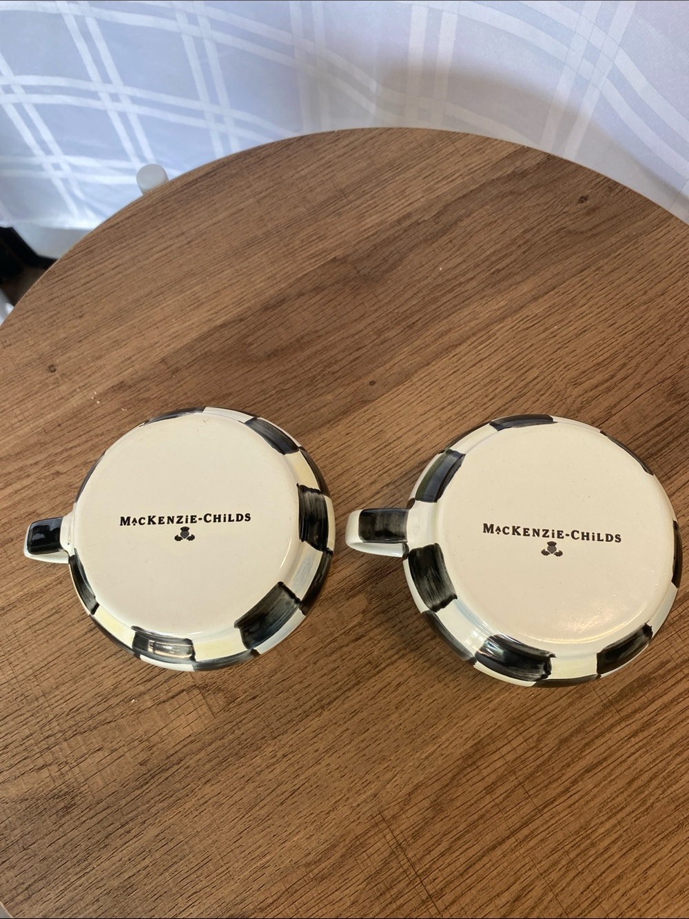 MacKenzie Childs Courtly Checkerboard Enamel Mugs Set of Two Black & Cream - Picture 2 of 5